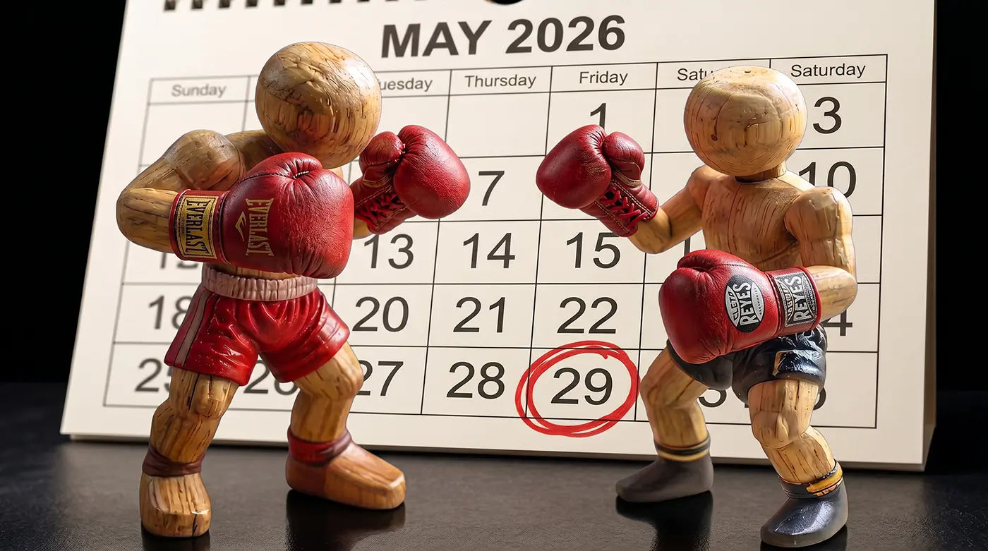 AI-generated image of two toy boxers in front of a calendar with the 29th May circled. Referencing the date for the Newtown boxing event for which Bluedigital printed tickets and posters.
