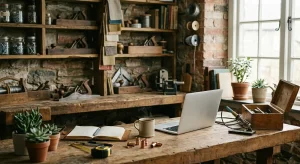An AI-generated, old-fashioned workshop representing a calm workspace for a web designer in Newtown. The wooden bench holds a laptop, a steaming coffee, and tools, symbolising the craft of building a WordPress site.