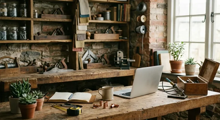 An AI-generated, old-fashioned workshop representing a calm workspace for a web designer in Newtown. The wooden bench holds a laptop, a steaming coffee, and tools, symbolising the craft of building a WordPress site.