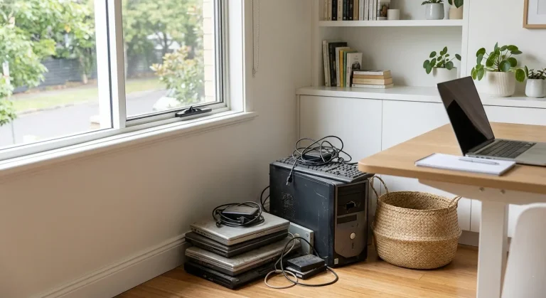 A stack of old, dusty laptops and a desktop PC tower with tangled cables sitting on the floor in the corner of a bright, clean, and decluttered home office next to a modern desk.