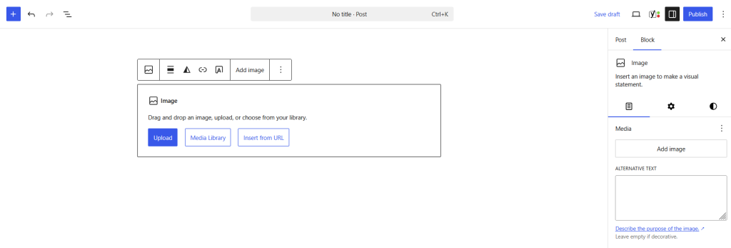 Screenshot of a WordPress new post, showing where the alt text box is when in block mode in WordPress.