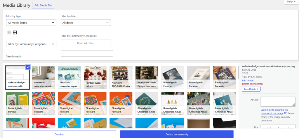 A screenshot of the media library in WordPress to show where the Alt Text box is.