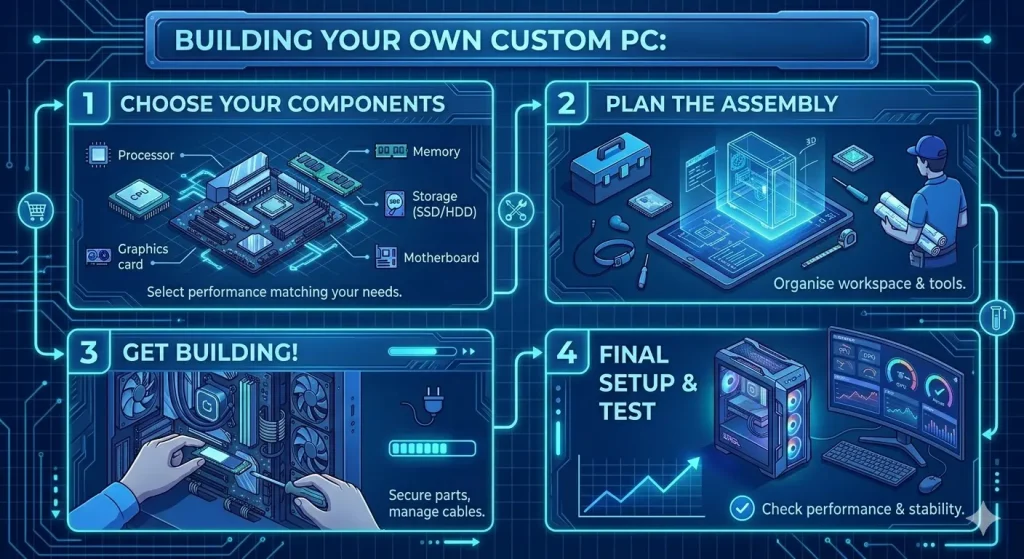 A four-step technical infographic titled "Building Your Own Custom PC: Your Guide" rendered in a sleek, neon blue circuit board and blueprint style. Step 1 shows core components labeled as Processor, Memory, Storage (SSD/HDD), Graphics Card, and Motherboard. Step 2 shows assembly planning with a toolbox, blueprint layout, and tools. Step 3 illustrates the building phase with hands installing a component into a PC chassis with tidy cable management. Step 4 displays the final setup and test, showing a completed, glowing custom desktop tower next to a monitor displaying a system stability performance chart.