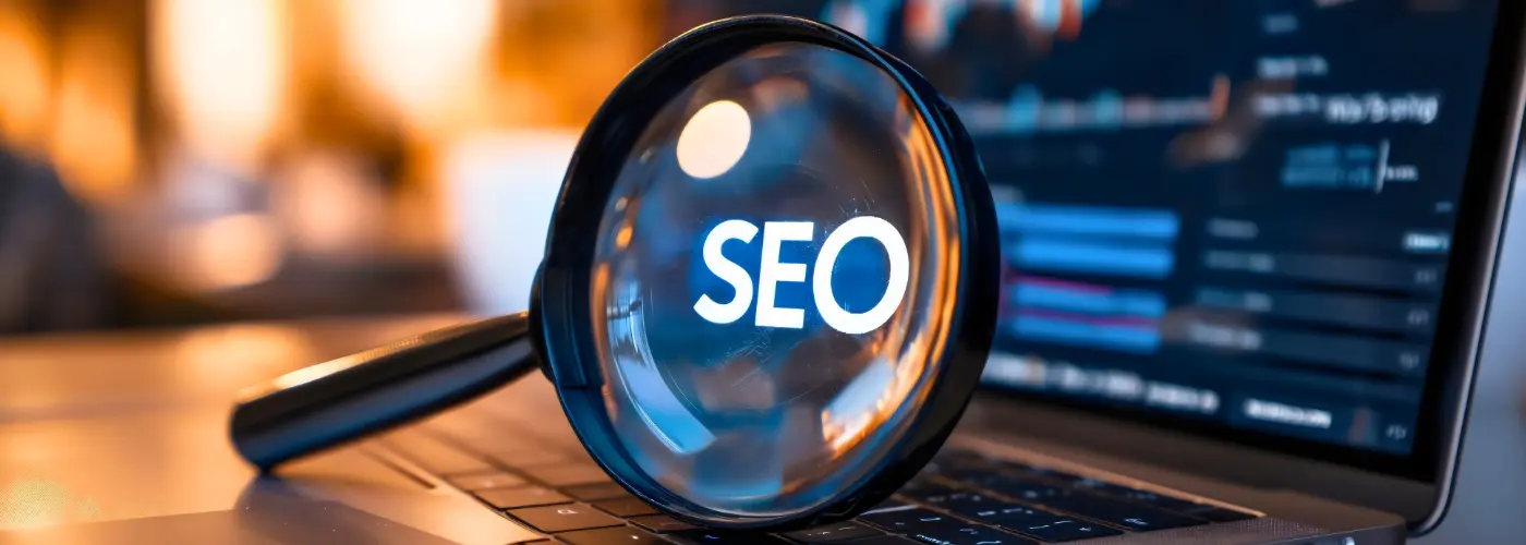 A close-up of a laptop. In the centre of the shot is a magnifying glass, as in a search box, magnifying the letters "SEO".