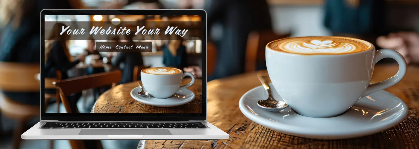 A coffee shop with a beautiful cup of coffee. A laptop with the same coffee shop image as the web page, with contact us, menu, and home buttons.