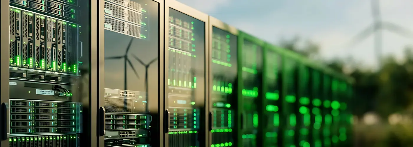 Servers outside with a wind turbine in the distance and a blue sky. In the glass of one server, another wind turbine is reflected. Depicting eco-friendly hosting.