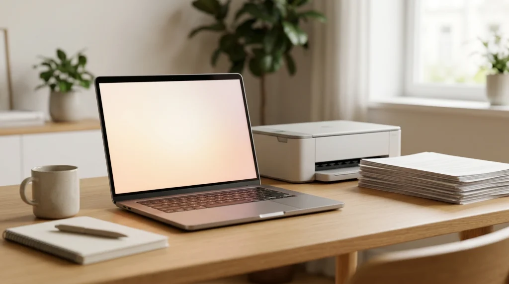 A peaceful and organised office setup with a laptop, printer, and notebook on a wooden table, emphasising a calm and functional tech environment for small businesses.