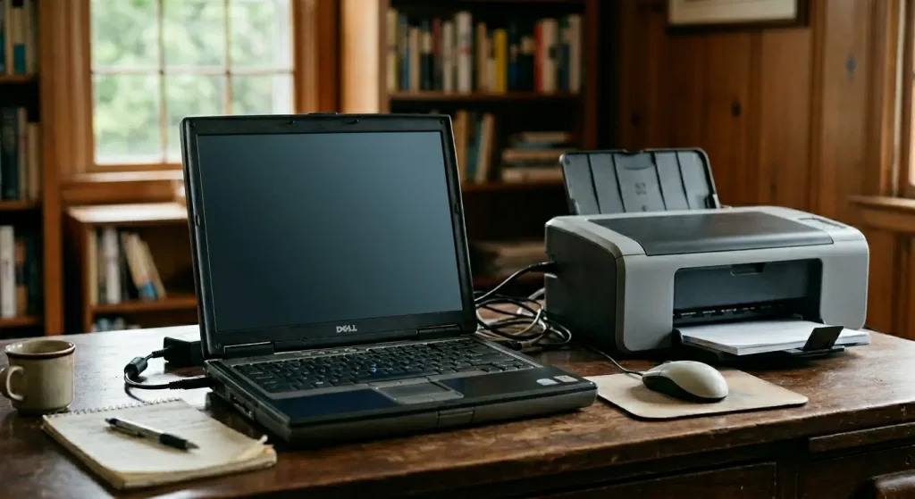 An AI-generated image of an old laptop and a printer sitting on a wooden desk in a home office, representing a computer setup that needs troubleshooting.