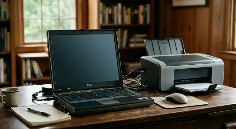 An AI-generated image of an old laptop and a printer sitting on a wooden desk in a home office, representing a computer setup that needs troubleshooting.