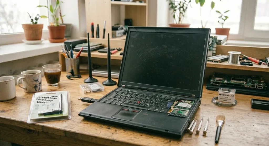 An AI-generated image of a slightly beaten-up older laptop undergoing computer repair on a workshop desk, featuring a USB WiFi adapter upgrade to fix connection issues.
