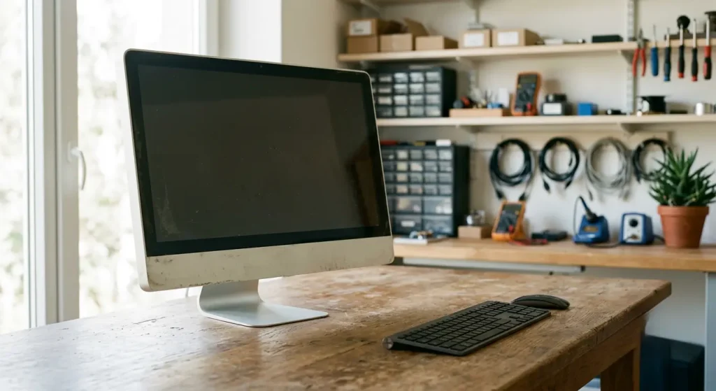 An old silver desktop computer with a blank screen sitting on a rustic wooden workbench inside a quiet tech repair workshop.
