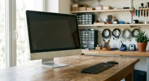 An old silver desktop computer with a blank screen sitting on a rustic wooden workbench inside a quiet tech repair workshop.
