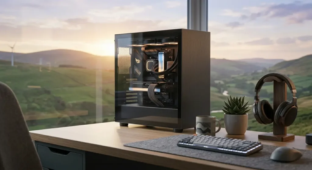 AI-generated image. A calm, minimalist desktop setup on a light wooden desk, featuring a custom-built PC tower with a clear glass side panel and warm, diffused internal amber lighting. On the desk sits a compact mechanical keyboard, a wireless mouse, a small potted succulent, a ceramic coffee mug, and premium headphones resting on a wooden stand. In the background, a large glass window looks out over a panoramic, sunlit landscape of rolling green hills in Mid Wales at sunset.