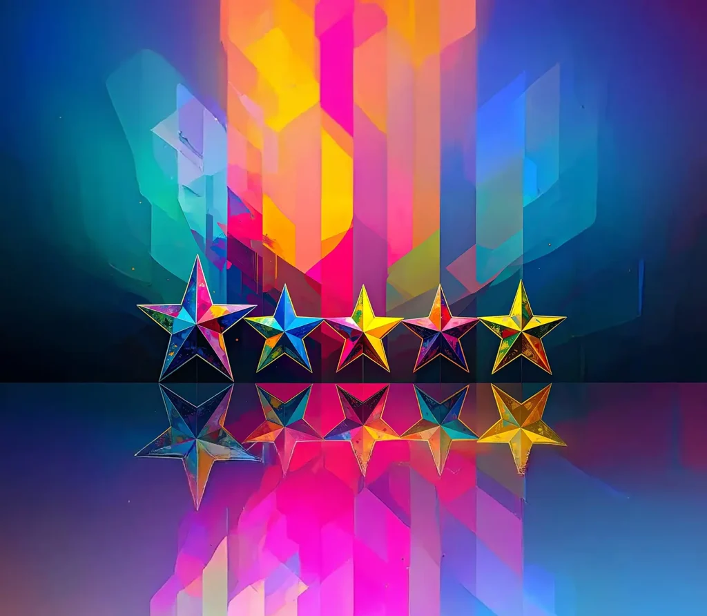 Colourful five-star AI-generated image, illustrating customer reviews for Bluesdigital in Newtown, Powys. The Stars are in the distance, reflecting in the floor like a stage - pinks, yellows, blues, gold.