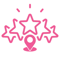 A pink icon image of stars surrounding a place marker representing Google Maps & Reviews