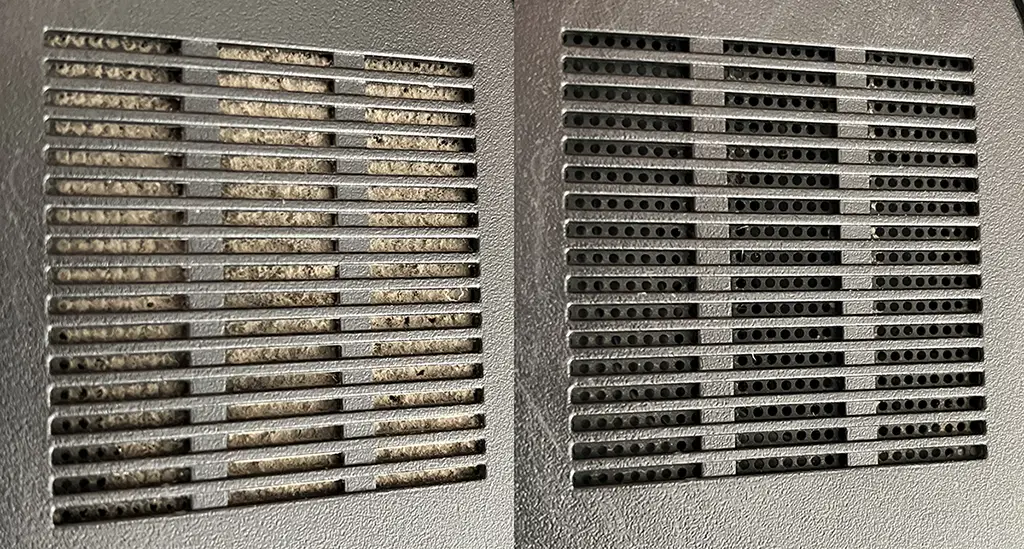 Before-and-after photos of a vent, from dusty to clean.