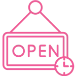 A pink icon of an open sign with a small clock, on a transparent background, representing opening times.