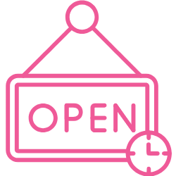 A pink icon of an open sign with a small clock, on a transparent background, representing opening times.