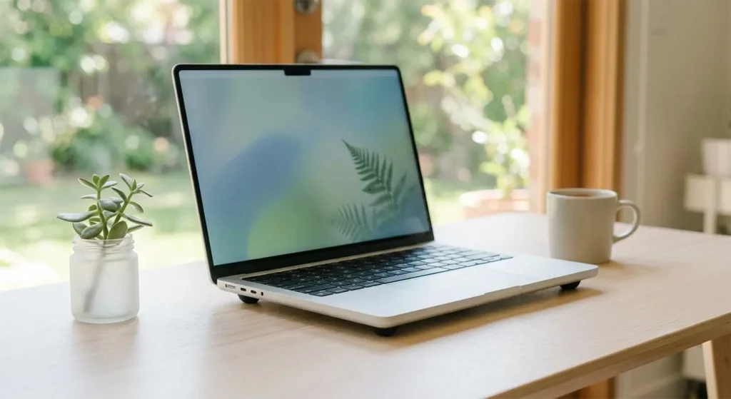 AI-generated image of a laptop in a cool, relaxing setting, with extra feet to symbolise keeping cool.