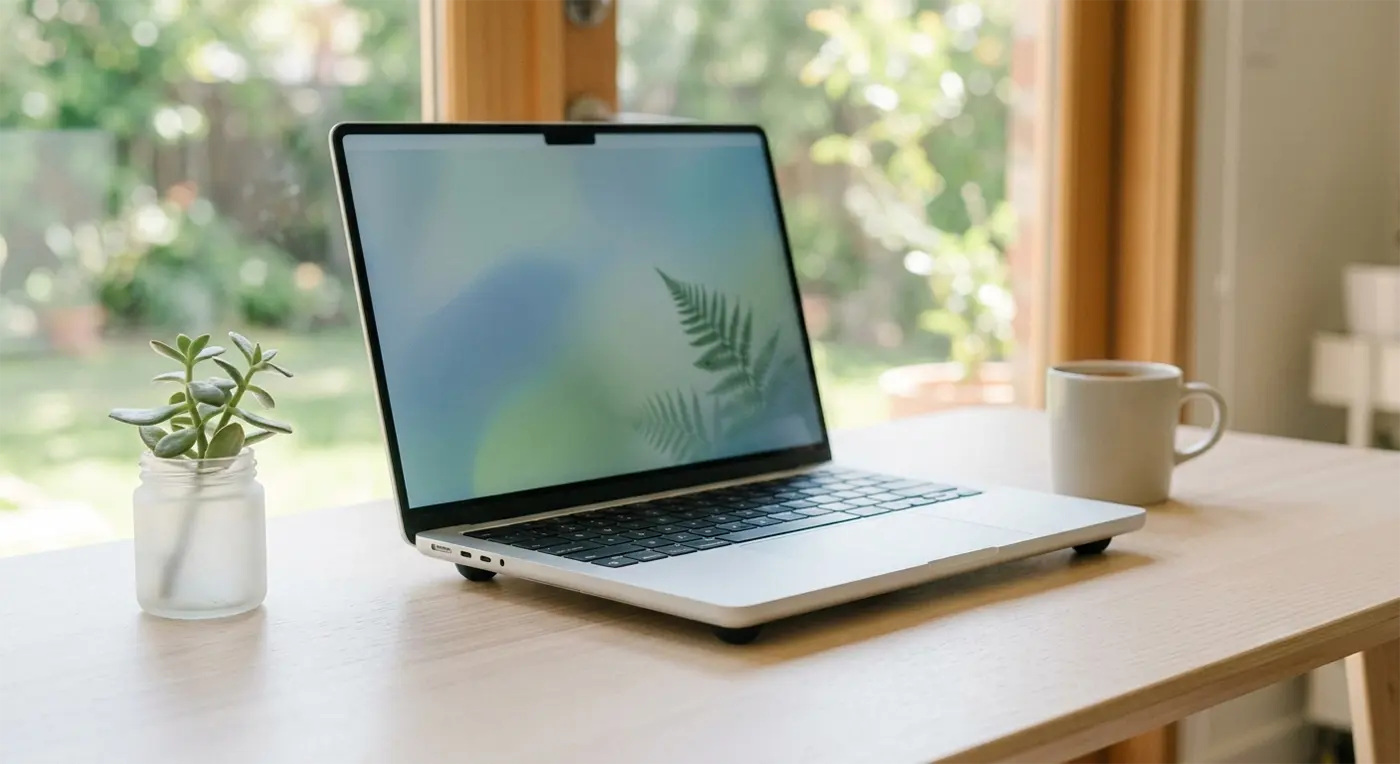 AI-generated image of a laptop in a cool, relaxing setting, with extra feet to symbolise keeping cool.