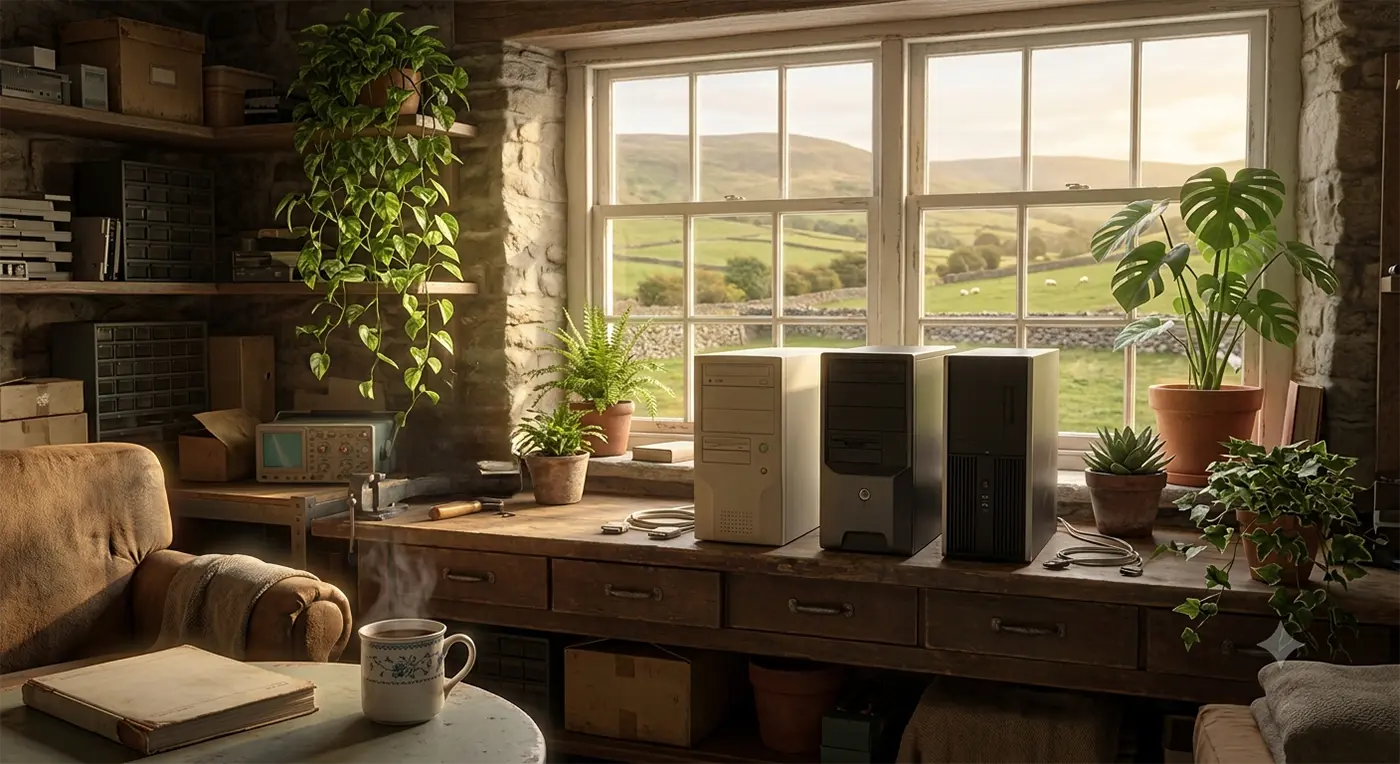 An AI-generated image of an old-fashioned workshop with a window overlooking Welsh countryside. Nice lighting. Three unbranded PCs ready for pickup. Some houseplants. A cup of steaming coffee.