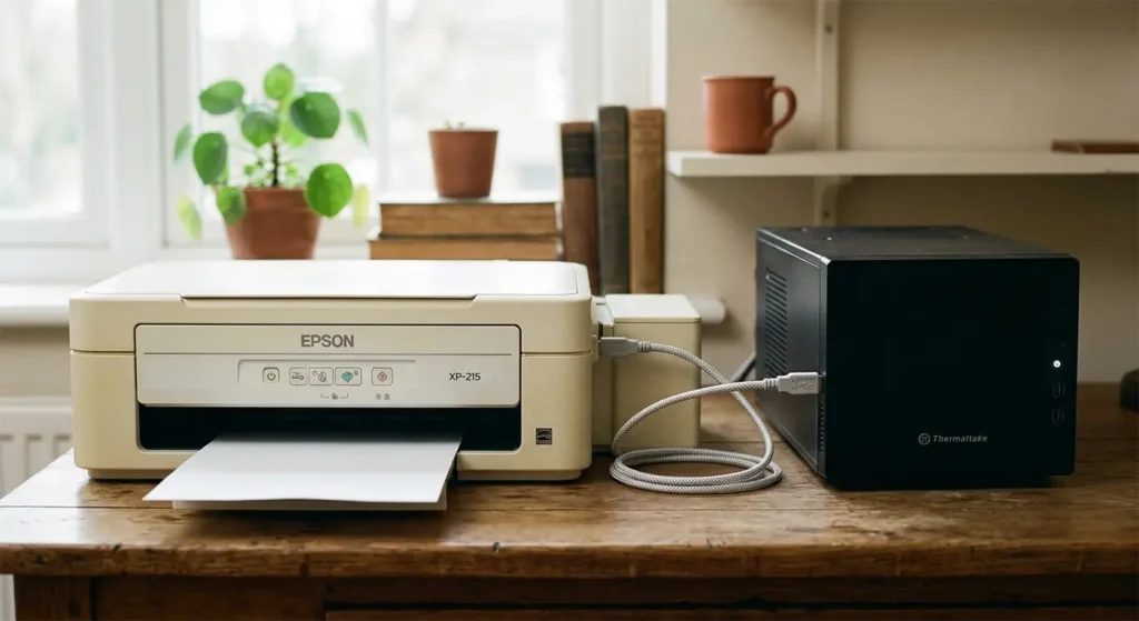 An AI-generated image of a cream printer next to a black PC connected with a cable. On a wooden desk with plants and a window in the background.