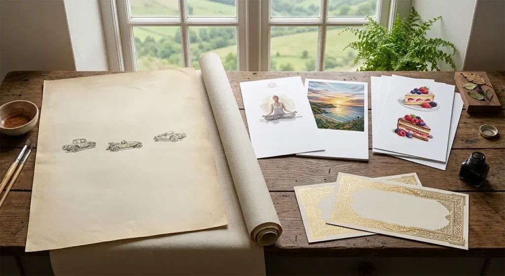 A selection of printed cards, posters, and gift vouchers laid out on a rustic wooden table by a bright window.