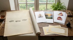 A selection of printed cards, posters, and gift vouchers laid out on a rustic wooden table by a bright window.
