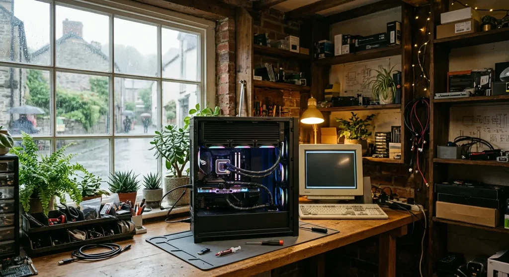 An AI-generated image of an open custom PC case with a liquid cooler radiator sitting on a wooden workbench in a cozy workshop. Rain streaks down a large window overlooking a street, surrounded by houseplants, small tools, thermal paste, and warm, calm lighting.