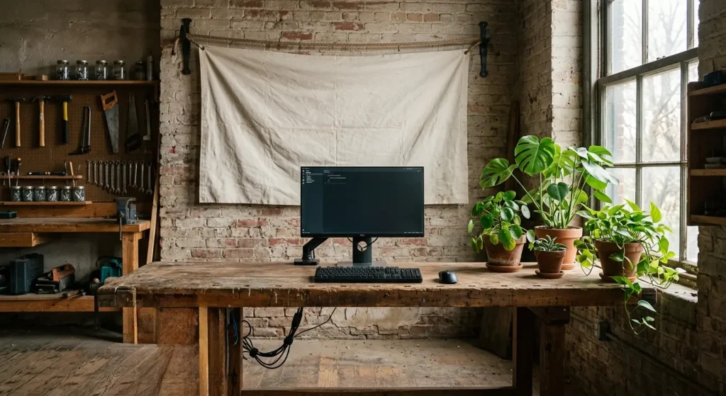 A clean, modern PC workstation set up on a rustic wooden workbench inside an old-fashioned workshop with brick walls, lush potted house plants, and a plain canvas banner hanging in the background.