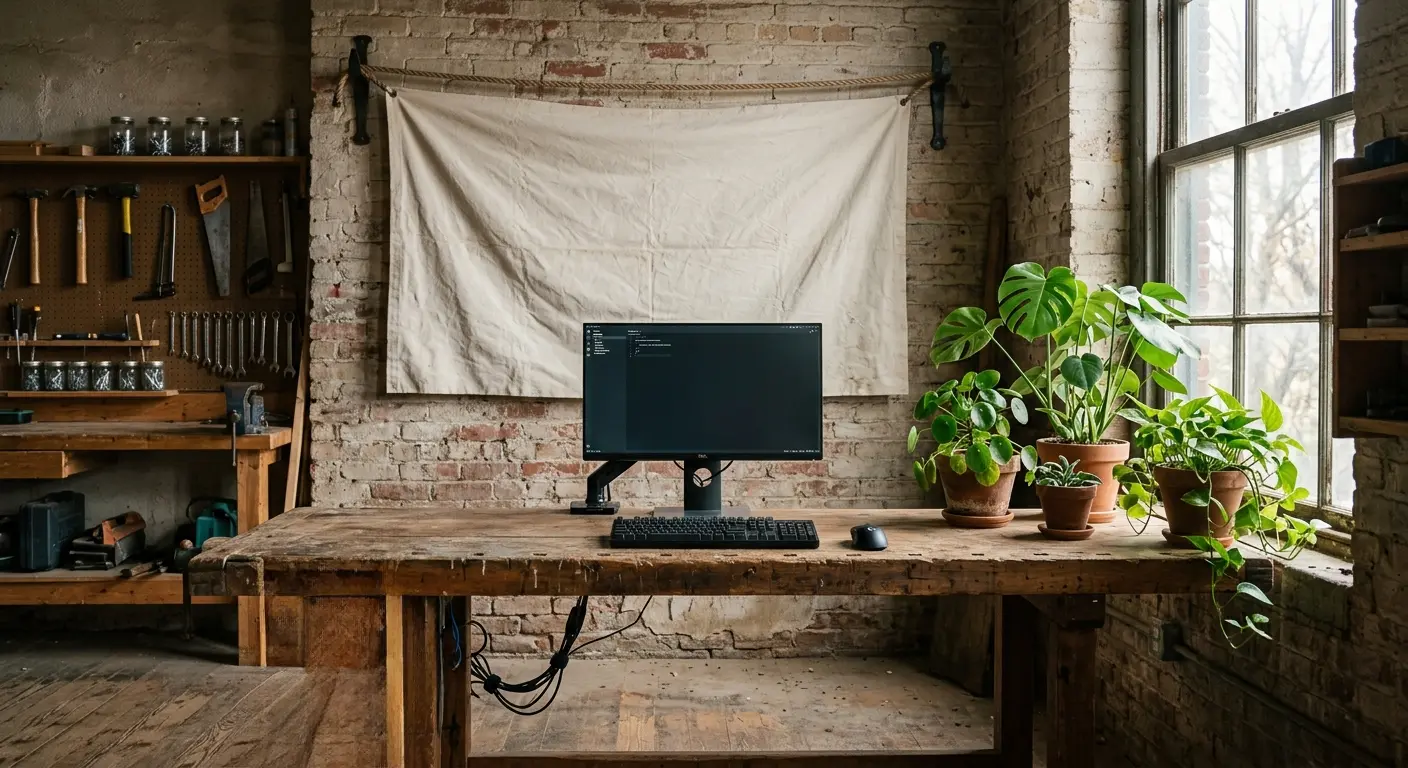A clean, modern PC workstation set up on a rustic wooden workbench inside an old-fashioned workshop with brick walls, lush potted house plants, and a plain canvas banner hanging in the background.