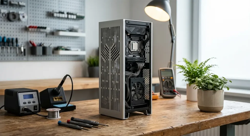 AI-generated concept image of a compact Mini-ITX custom PC build in Newtown sitting on a wooden workshop desk with precision tools.