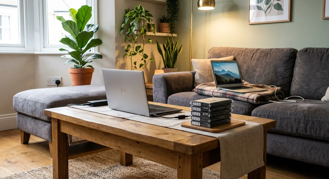 A laptop plugged into the wall socket. A stack of new batteries A chunky wooden table. A cosy couch with an open laptop being used - not plugged in. House plants, nice lighting.