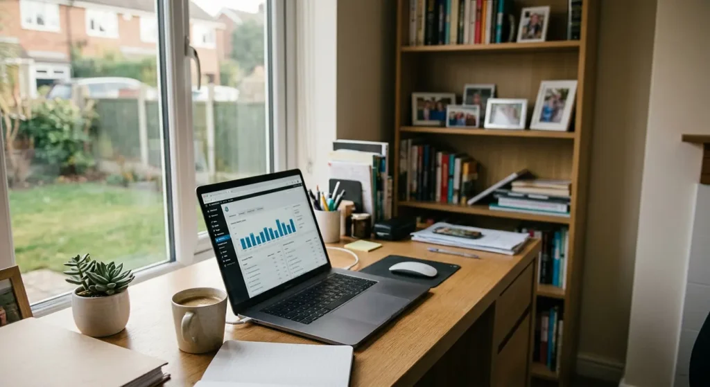 A cosy home office workspace featuring an open laptop on a wooden desk displaying clean analytics charts, positioned near a window and bookshelves without any visible text or people.