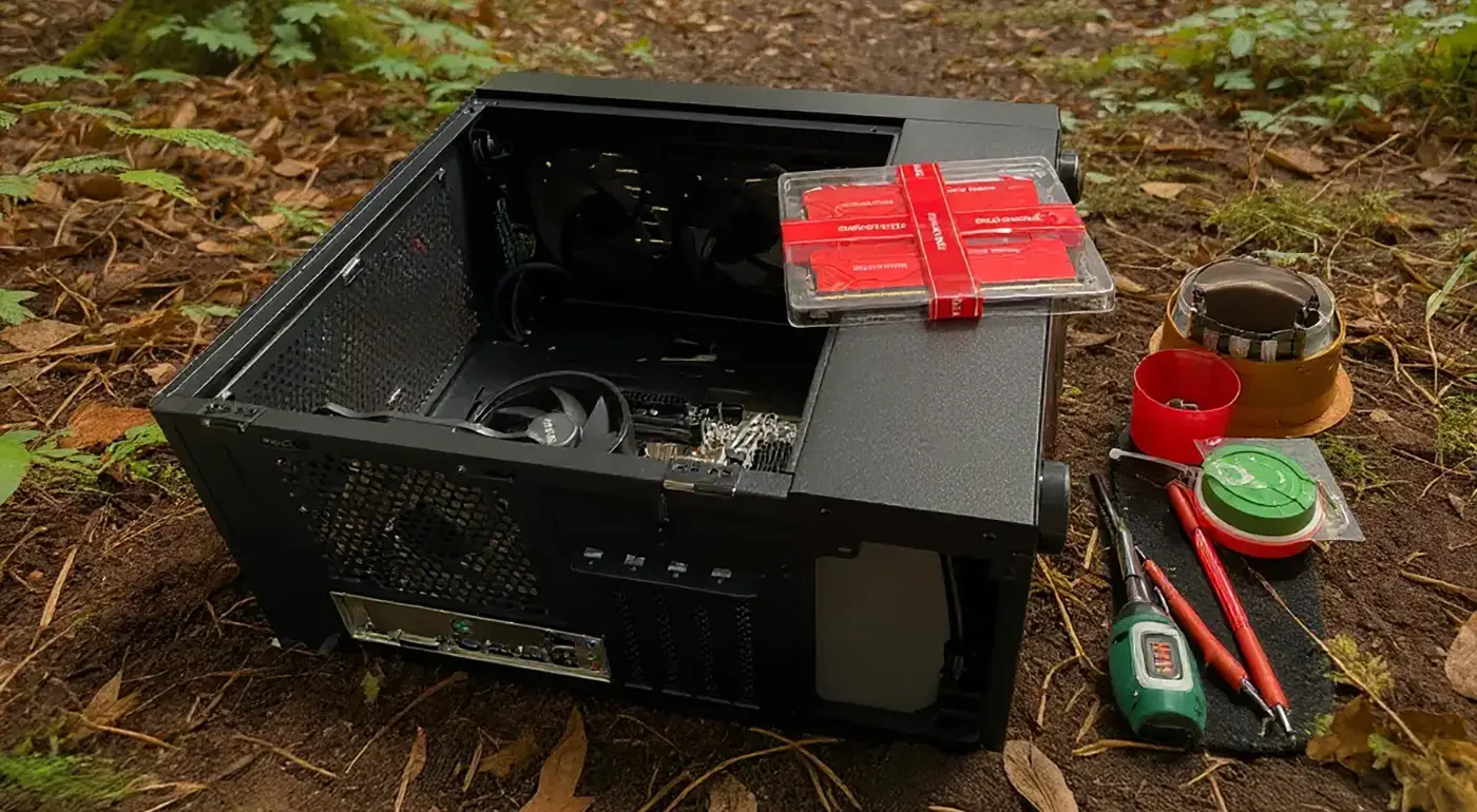 n empty case on its side, with tools to the side and memory on top. The photograph is contrasted against an AI-generated Celtic forest