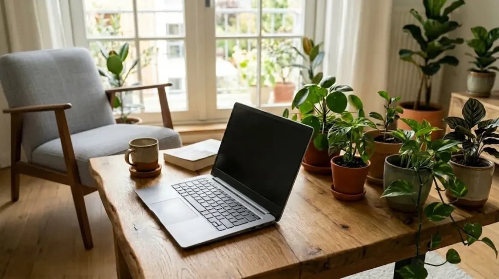 A laptop is open, sitting on a wooden coffee table. The room is calmly lit - there are houseplants and relaxed furniture. The laptop is fixed and ready to use.