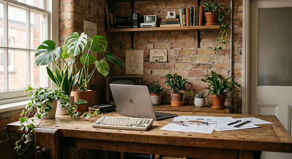 An open laptop and wireframe sketches rest on a rustic wooden workbench in a sunlit workspace with exposed brick walls, lush houseplants, and a soft, cosy atmosphere. Suggesting a welcoming place to build a WordPress website.