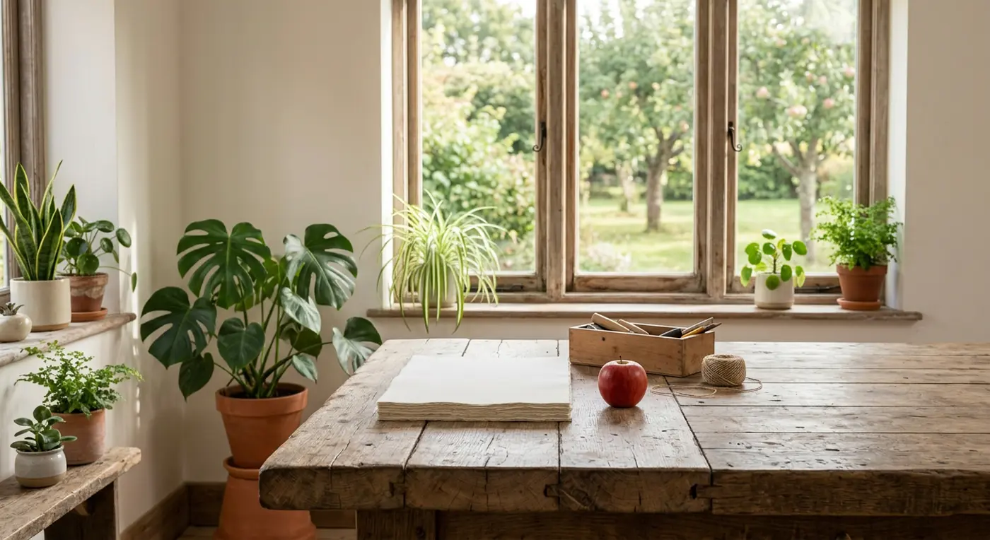 An AI photo of a chunky workshop table, nice lighting, a stack of plain paper, a window, houseplants, and a single apple on the table.