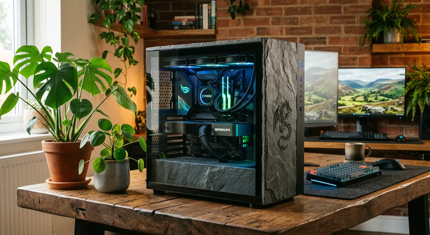 image of a high tech PC with a welsh slate custom case sitting on a chunky wooden table with nice lighting and a few house plants