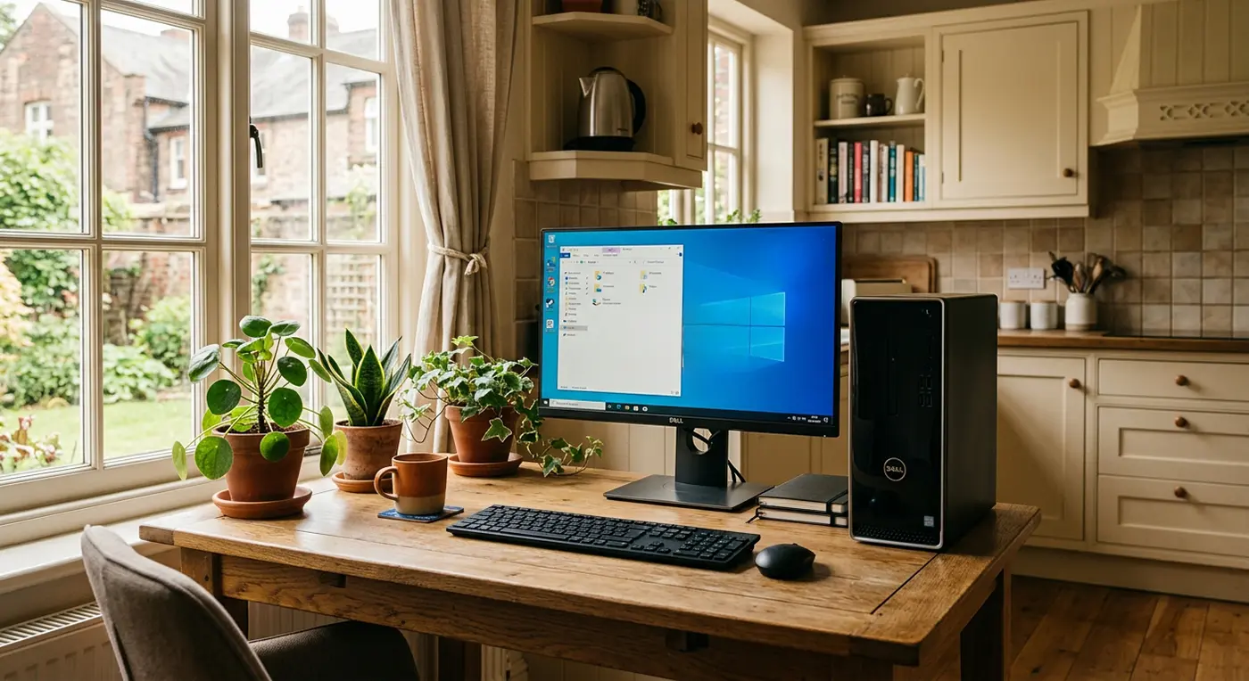 A desktop computer and monitor set up on a wooden desk in a cozy, bright kitchen. Soft natural light flows in from a nearby window lined with potted houseplants, creating a warm home-office atmosphere.