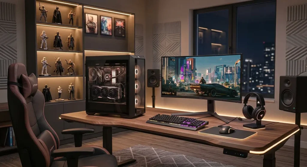 Image of a Gaming Pc in a gamer's room. Stereotypical items like a gamer's chair, figures, and posters for decoration. Nice lighting. Expensive setting.