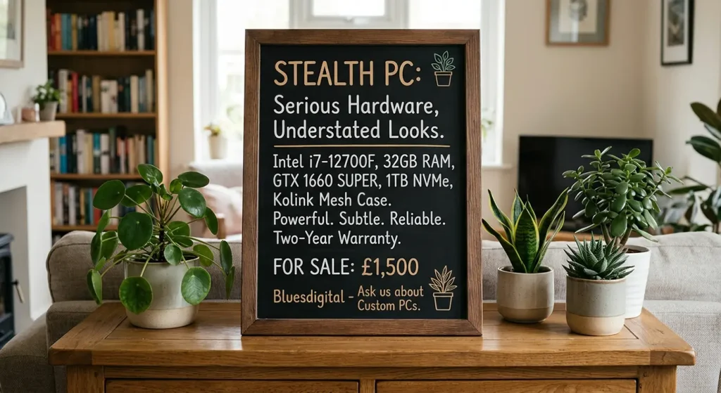 A framed sign displayed in a brightly lit, cozy living room alongside several potted succulents and house plants. The text on the sign reads: "STEALTH PC: Serious Hardware, Understated Looks. Intel i7-12700F, 32GB RAM, GTX 1660 SUPER, 1TB NVMe, Kolink Mesh Case. Powerful. Subtle. Reliable. Two-Year Warranty. FOR SALE: £1,500. Bluesdigital - Ask us about Custom PCs."