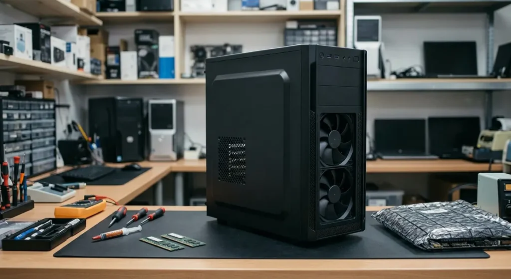 A generic black computer tower case sitting on a black workbench mat. On the workbench around the PC are computer repair tools, including screwdrivers, thermal paste, RAM sticks, and a multimeter, in a workshop setting.